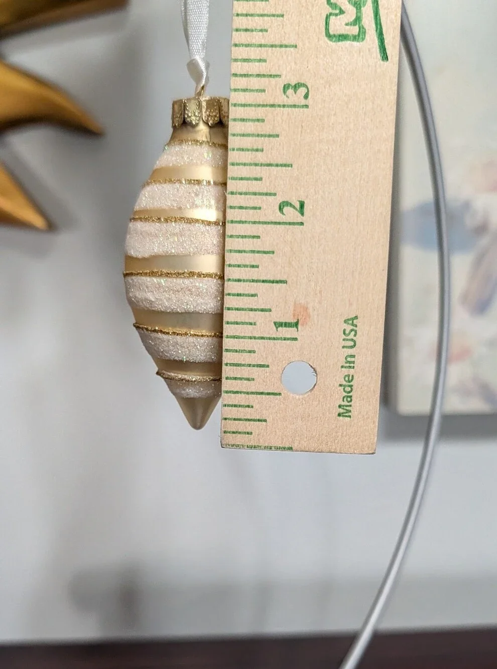 Vintage Box 9 Pc CHRISTMAS ORNAMENTS Satin GLITTER STRIPE Cream & Gold Teardrop